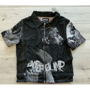 BYE POUND DEPT Men Short Sleeve Zip Up Shirt Portrait Print Size Large New W Tag